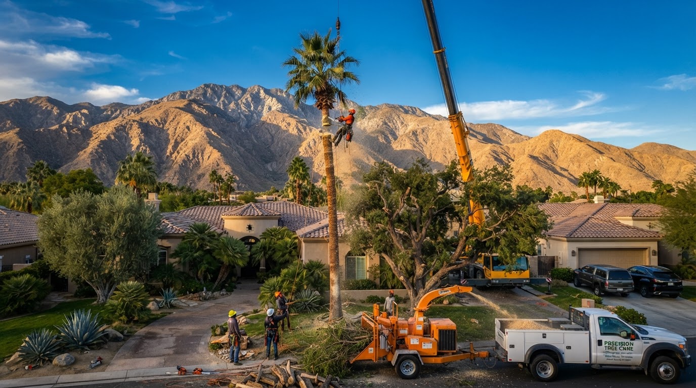 N & J Tree Services arborist crew performing emergency crane tree removal in Palm Desert and Bakersfield