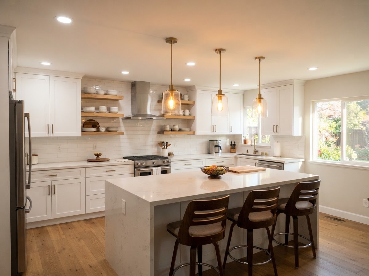 Kitchen Fluorescent → Recessed LED & Pendants — after