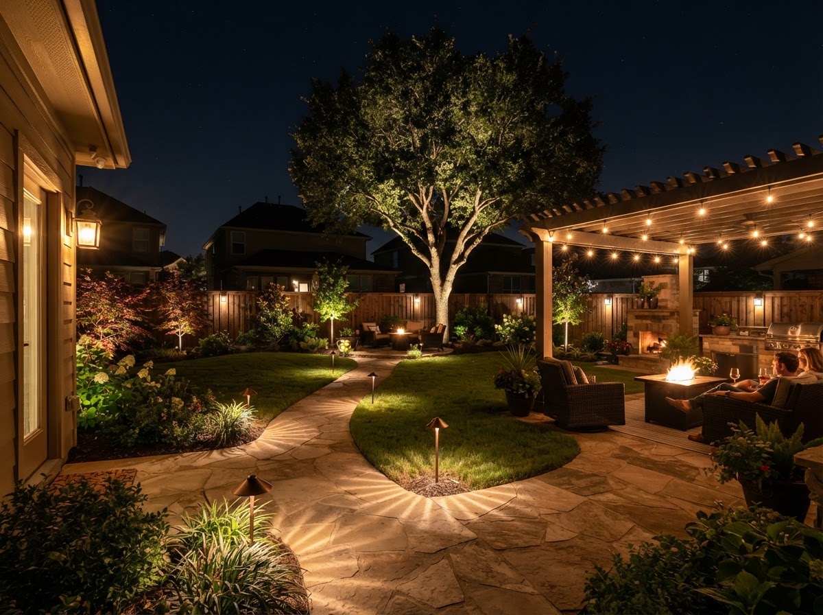 Dark Backyard → Landscape & Security Lighting — after