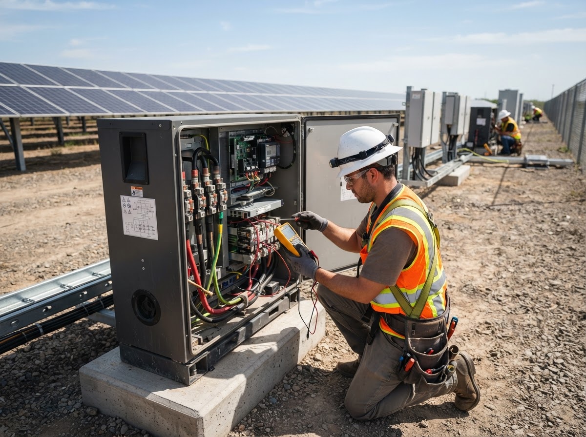 Almighty Electric LLC technician servicing a commercial solar inverter cabinet