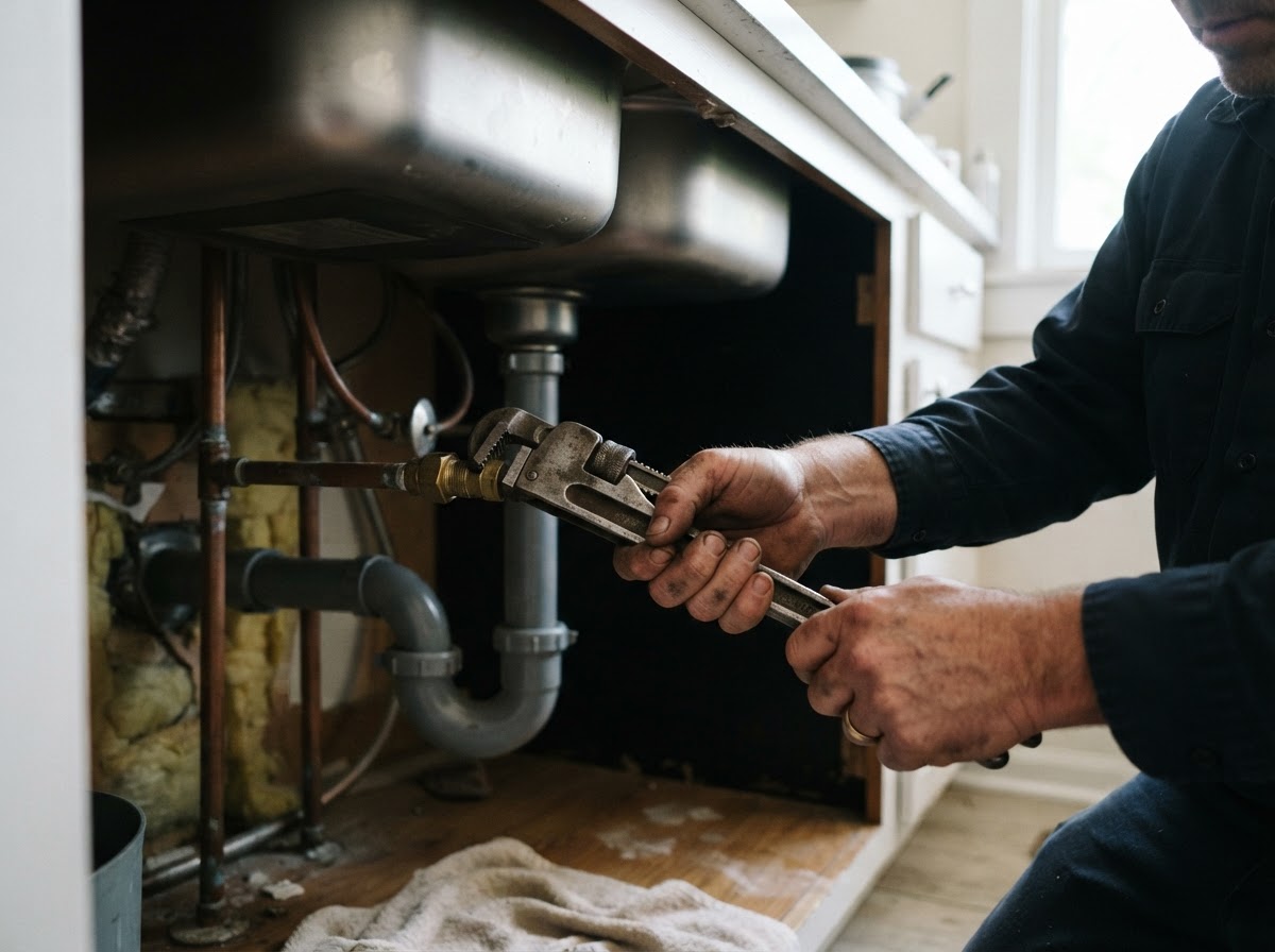 Professional plumber working on copper pipes under a residential sink