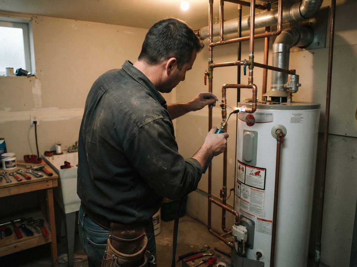 Plumber working on a residential water heater in a utility room