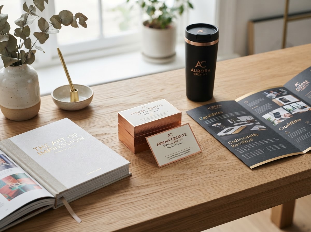 Colorfox finished product showcase with luxury foil business cards, printed brochures, publication books, and branded merchandise