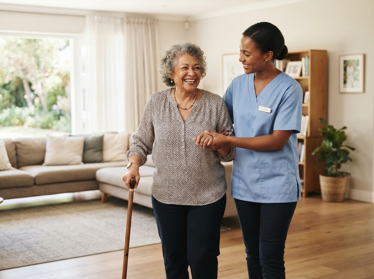 Caregiver and client smiling together at home