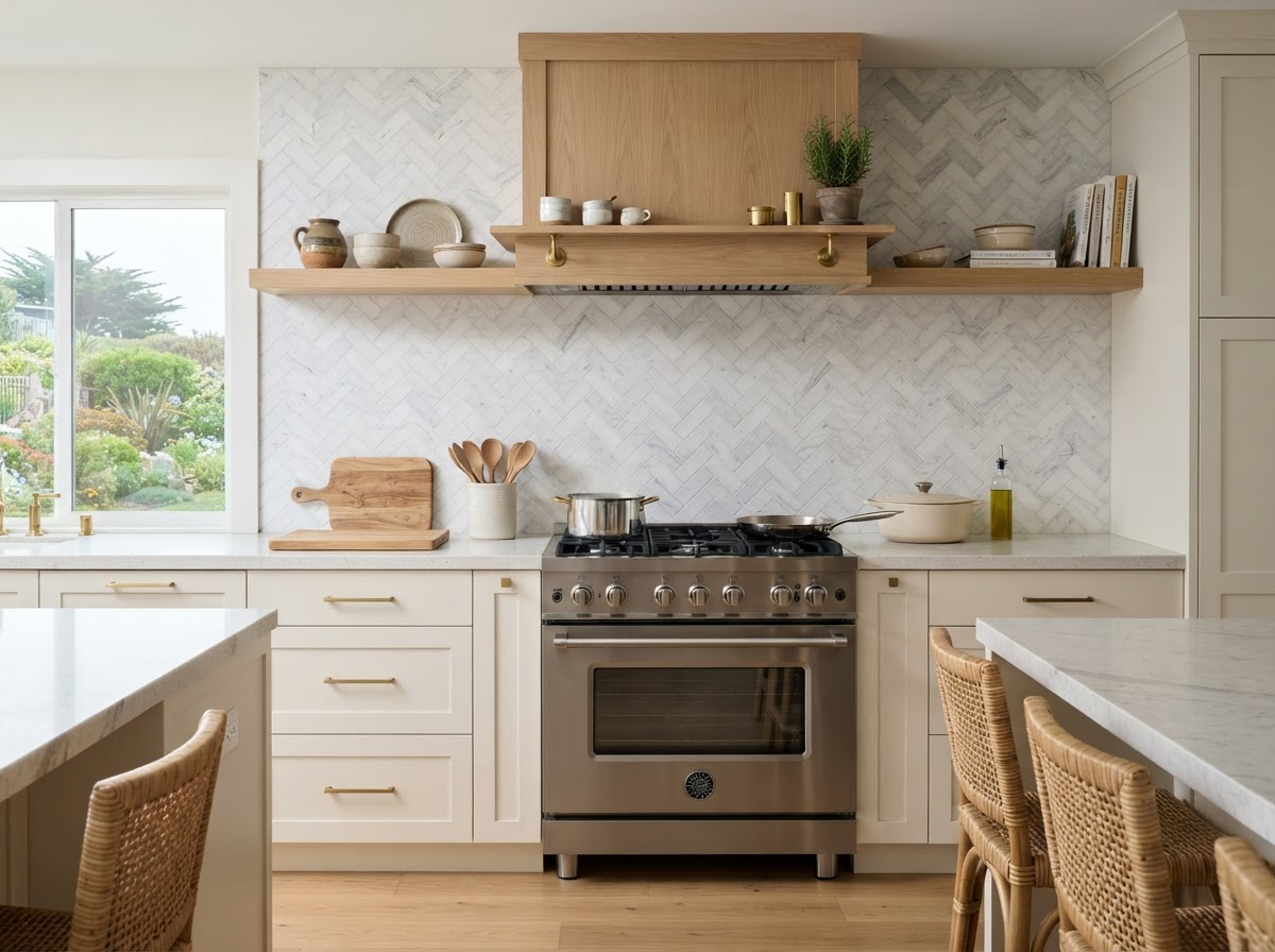 Carrara Marble Herringbone Kitchen Backsplash