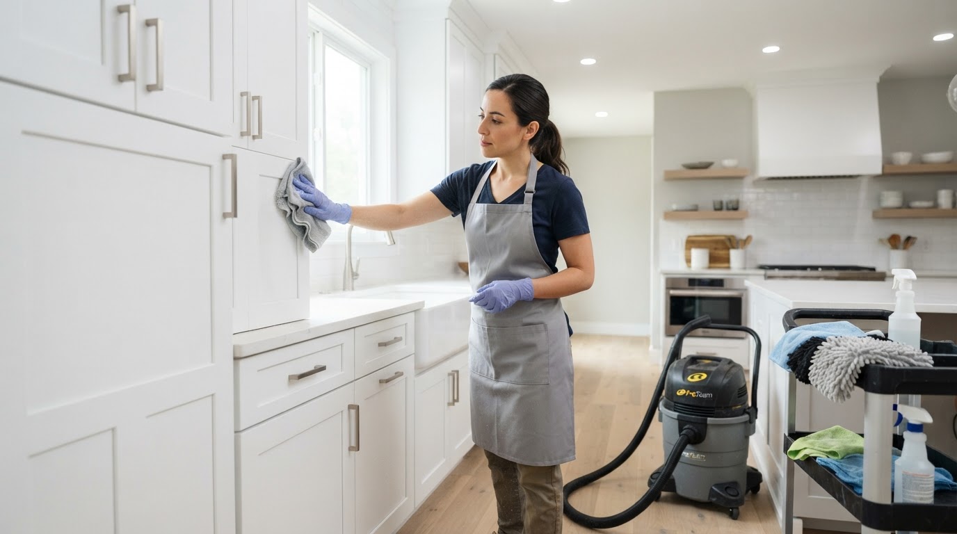 Post-construction cleaning specialist wiping fine renovation dust from newly installed cabinets