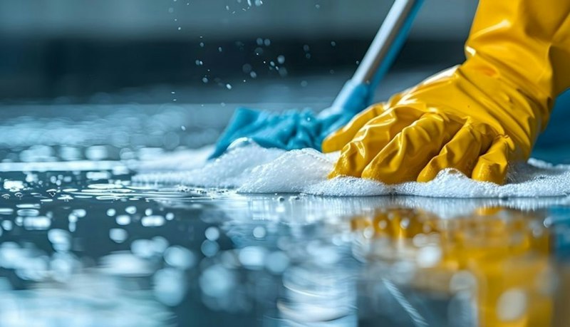 Floor care specialist buffing and shining gleaming hardwood flooring