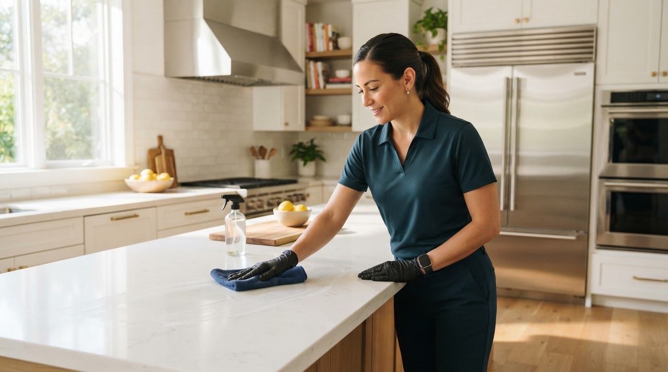 Professional house cleaner wiping down a bright modern kitchen countertop with a microfiber cloth