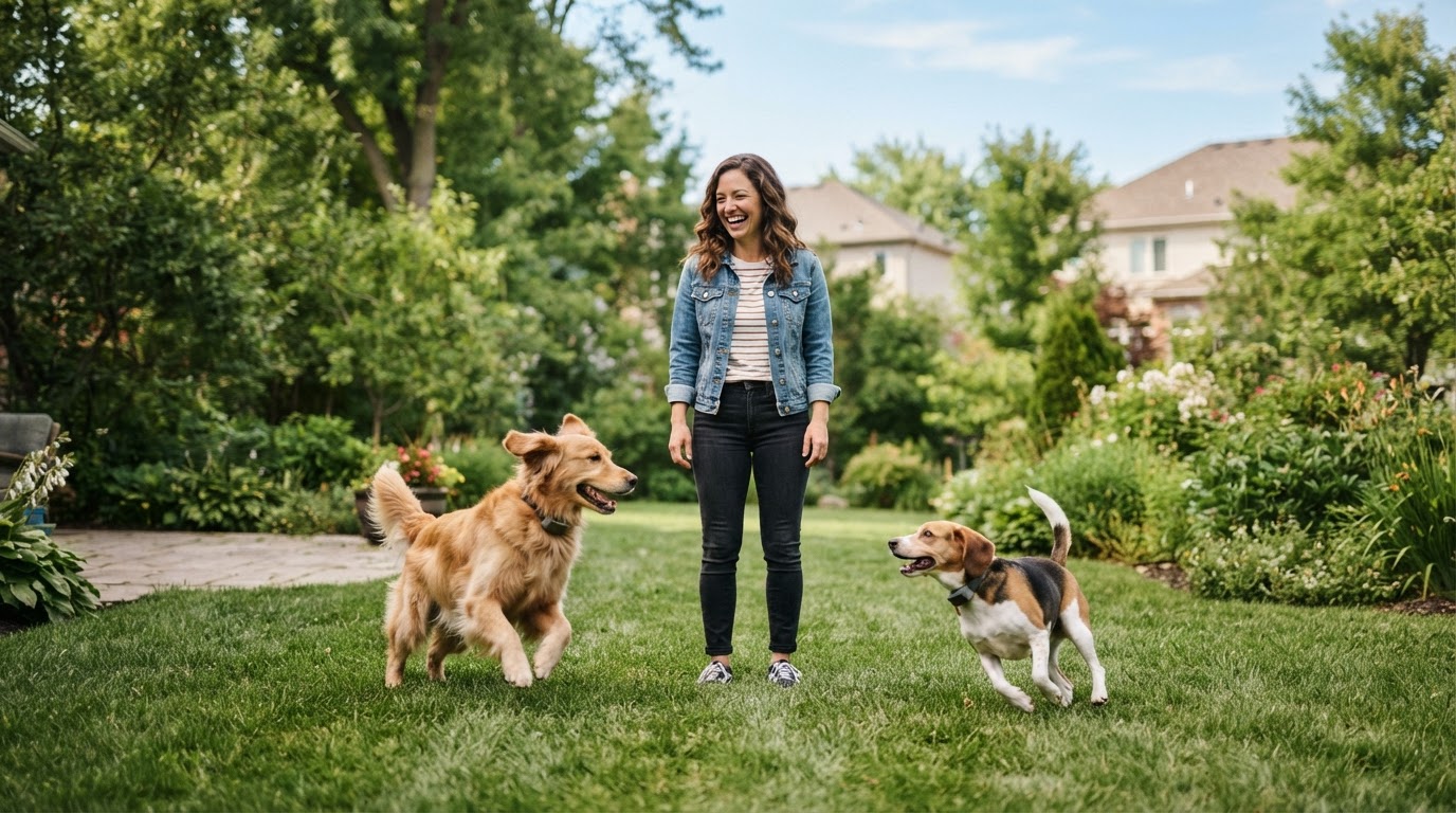 Happy dog relaxing safely in a contained backyard