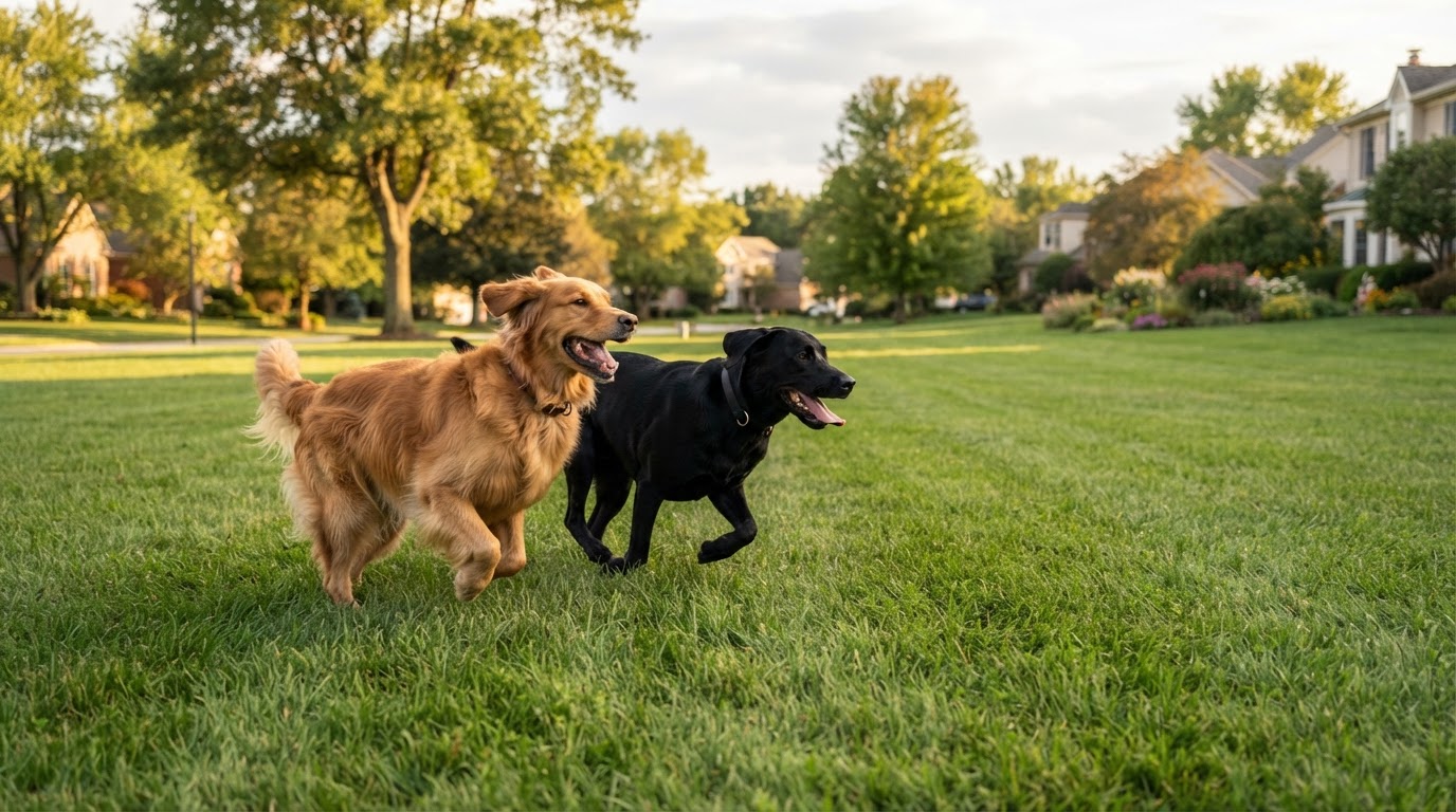 Dogs playing freely in a yard protected by Proline pet fence