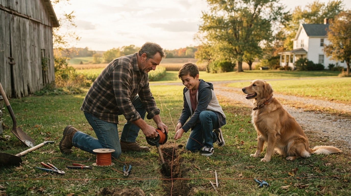 Father and son installing an underground electronic pet fence together