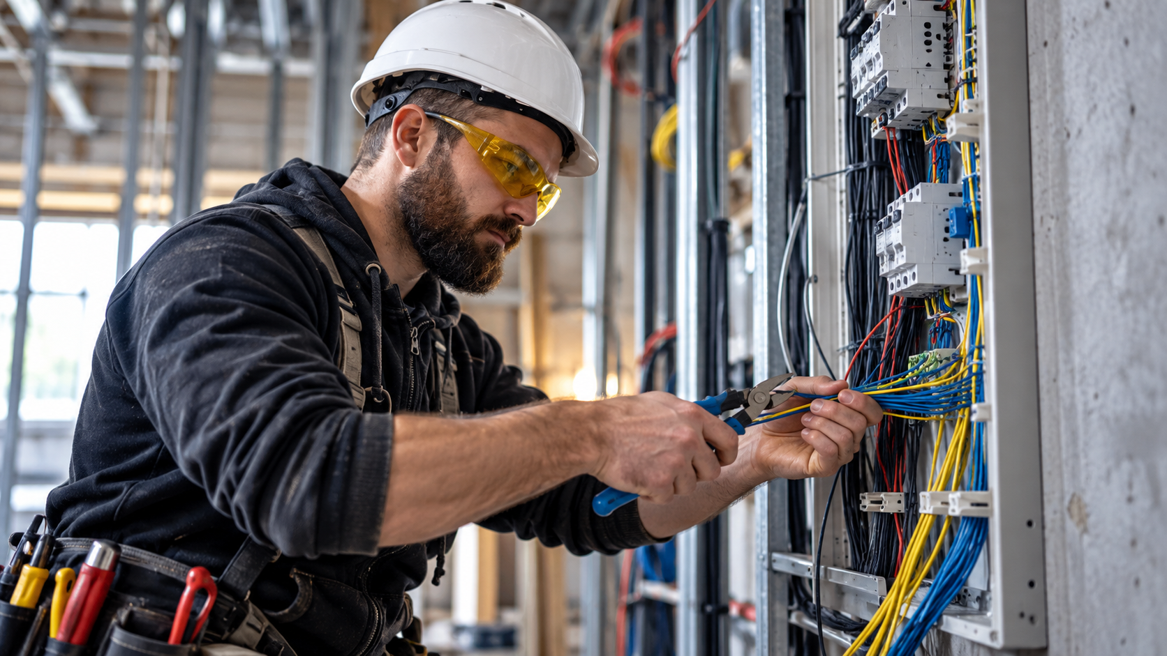 Professional electrician with safety helmet and glasses working on electrical panel wiring