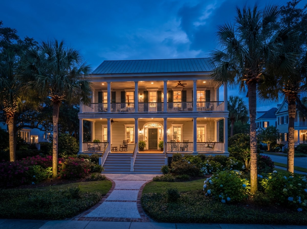 Charleston Lowcountry home at dusk with landscape lighting and exterior sconces installed by Wavecrest Electric