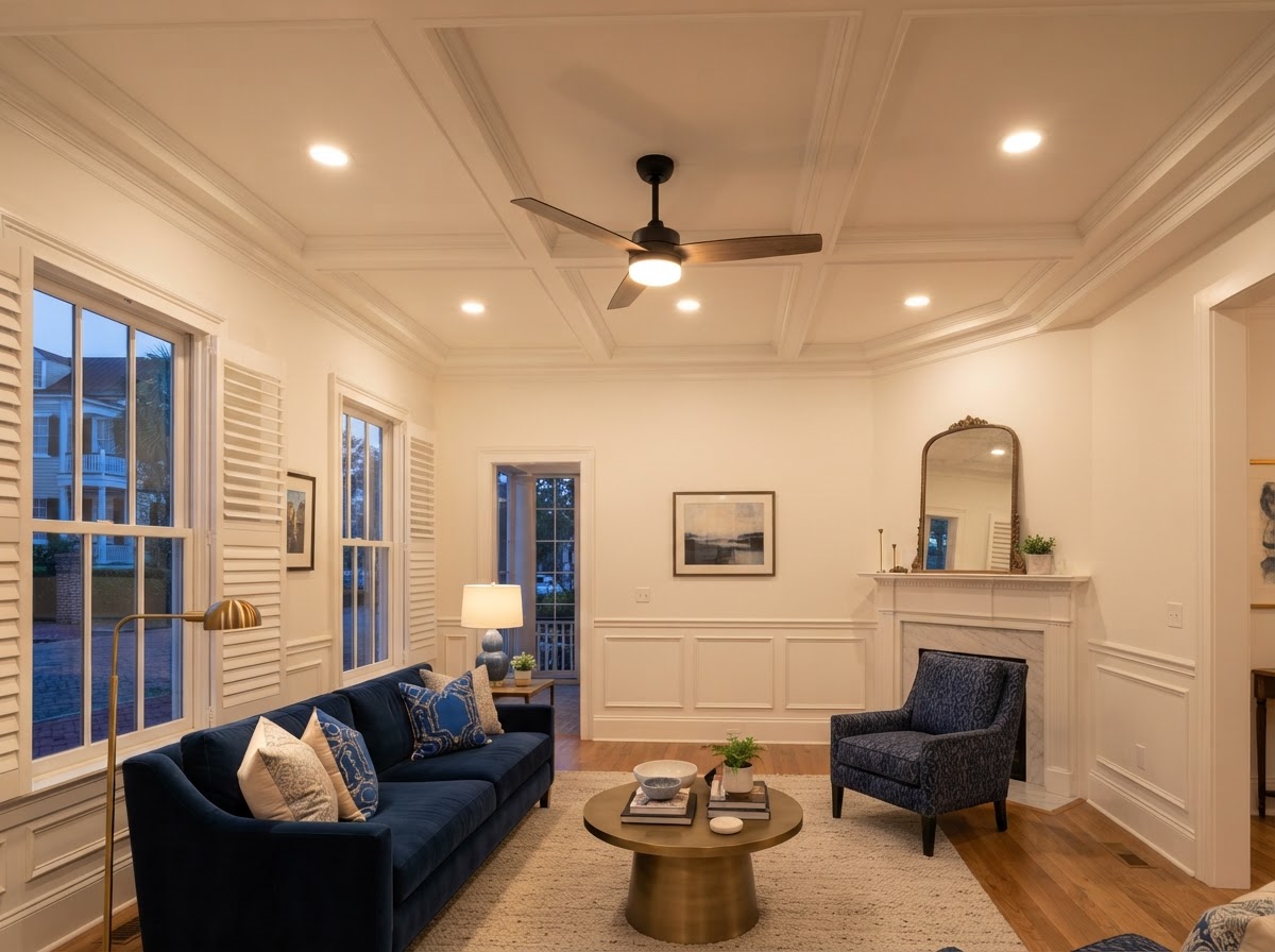 Charleston living room with recessed LED lighting and ceiling fan installed by Wavecrest Electric
