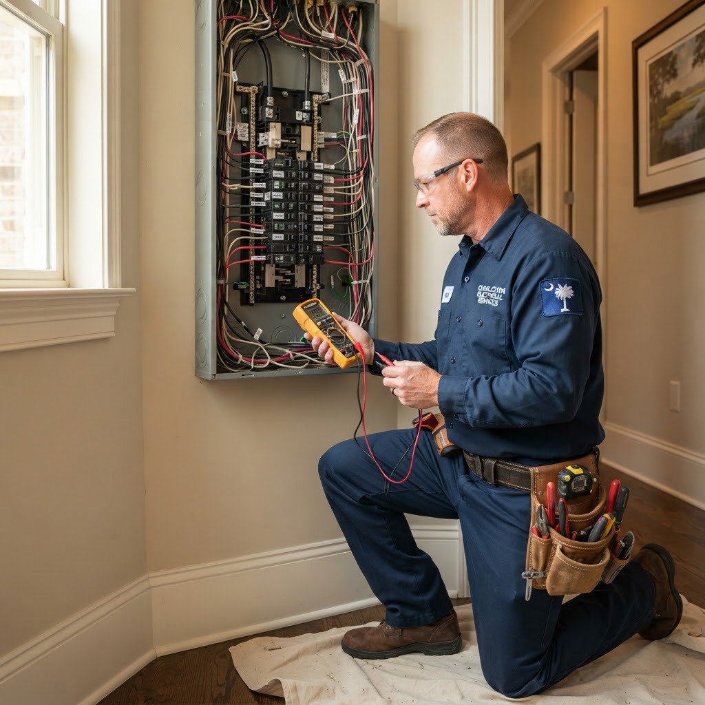 Wavecrest Electrician inspecting a residential electrical panel in Charleston SC