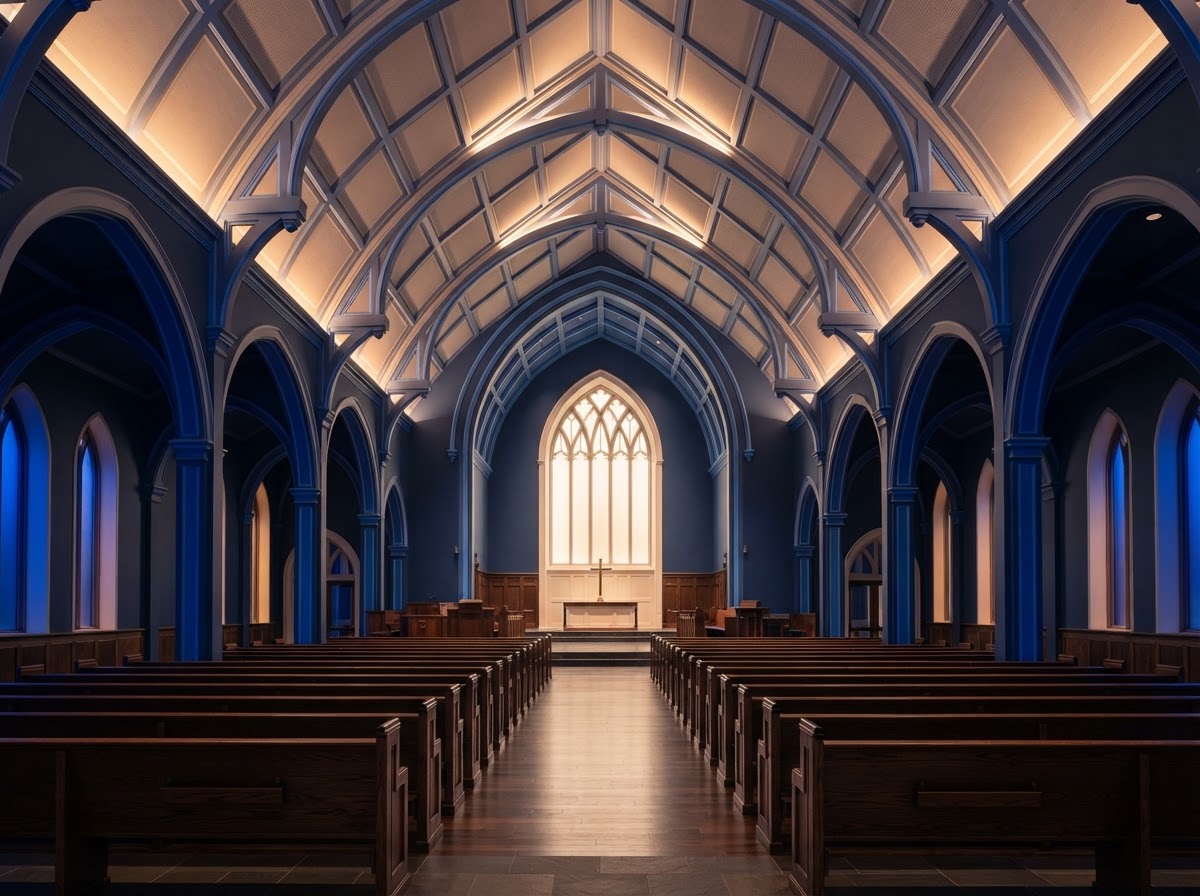 Church sanctuary with modern LED lighting and AV power installed by Wavecrest Electric