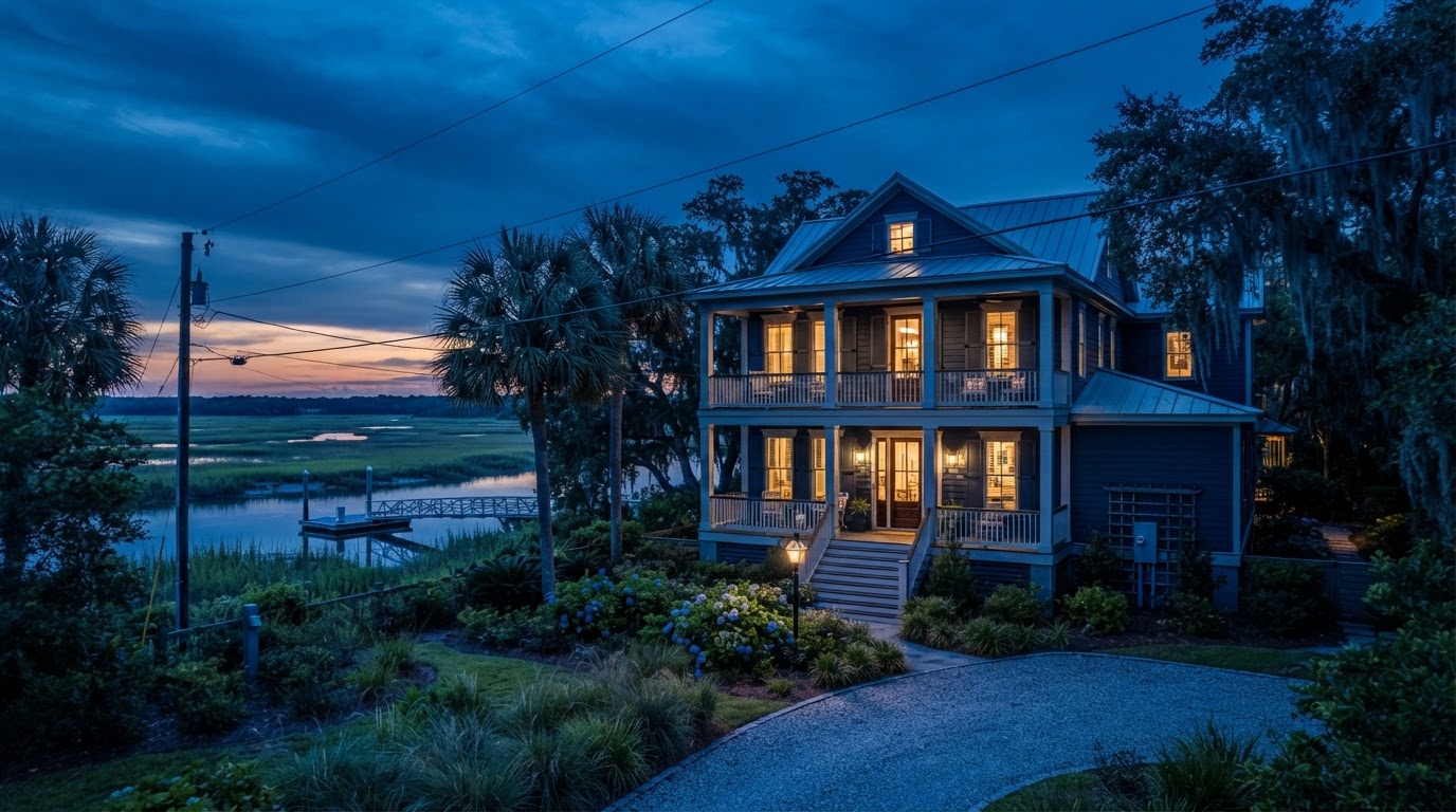 Charleston Lowcountry coastal home at dusk with warm glowing exterior lighting