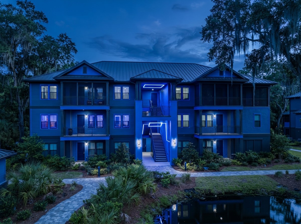 Lowcountry apartment complex exterior with breezeway lighting maintained by Wavecrest Electric
