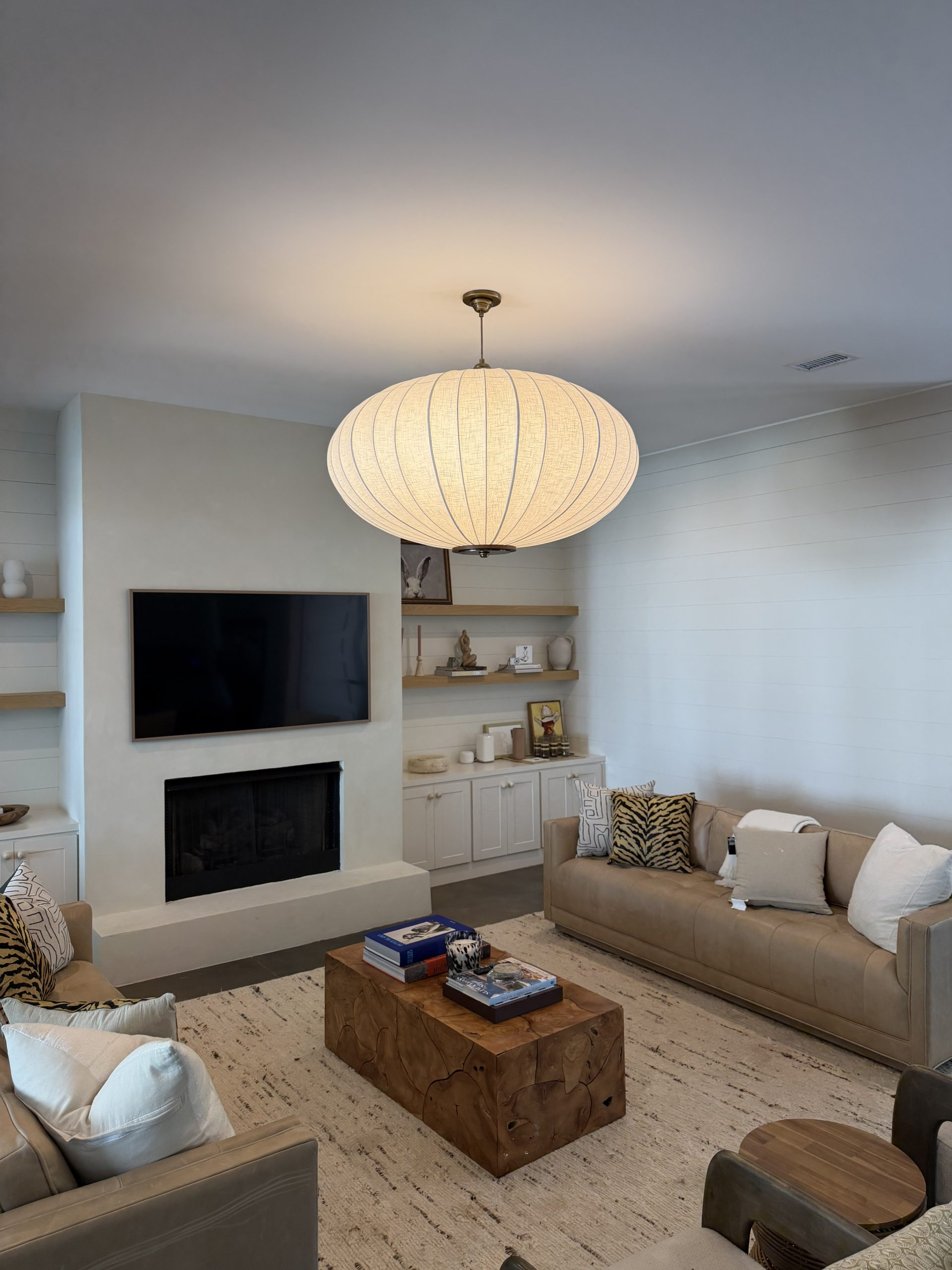 Designer lantern chandelier and living room lighting installation in Charleston SC by Wavecrest Electric