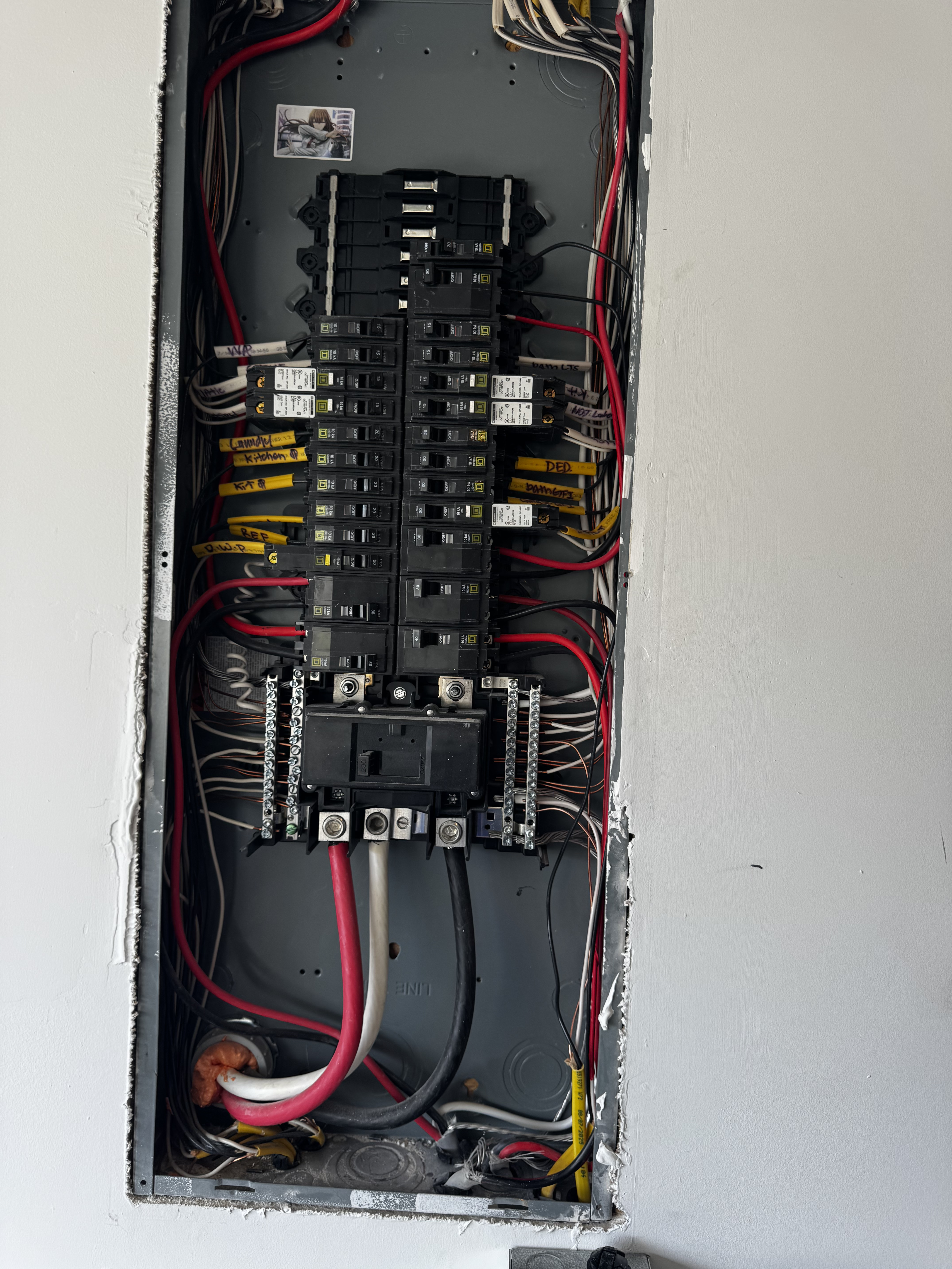 Clean Square D residential main electrical panel installation with labeled branch circuits and AFCI/GFCI breakers