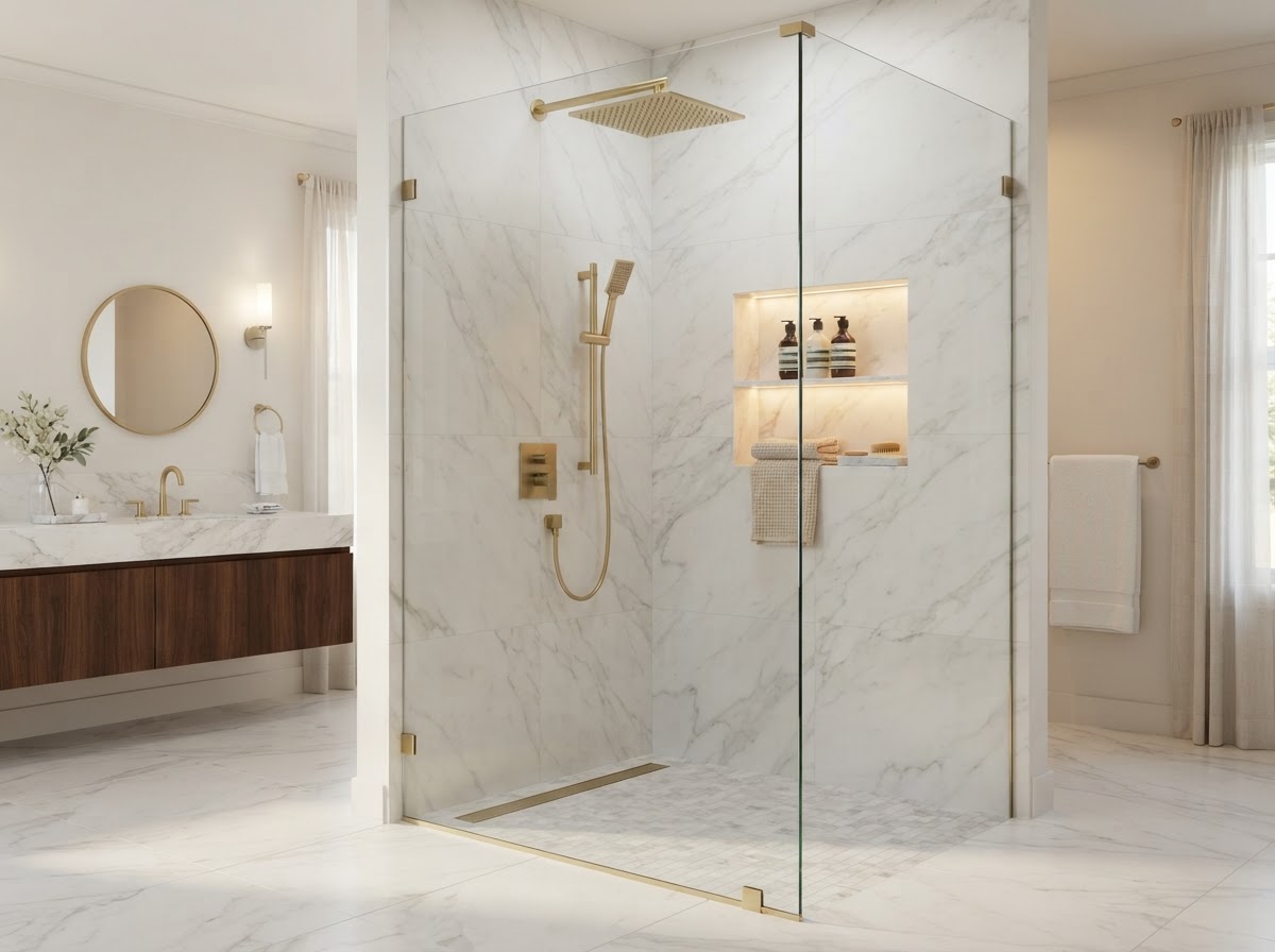 Spa-like bathroom remodel with frameless glass shower in Sarasota