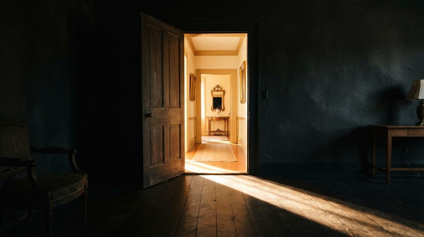 A doorway opening from darkness into warm golden light — a path toward support and safety.