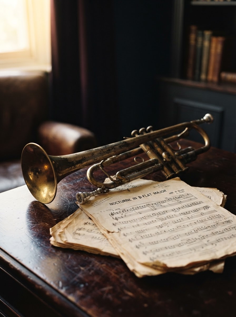 An antique trumpet and worn sheet music in warm golden light — a personal, intimate invitation to connect.