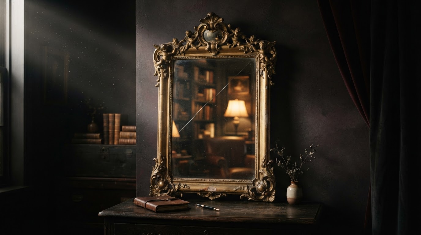 Antique mirror reflecting golden light into charcoal and burgundy shadow.