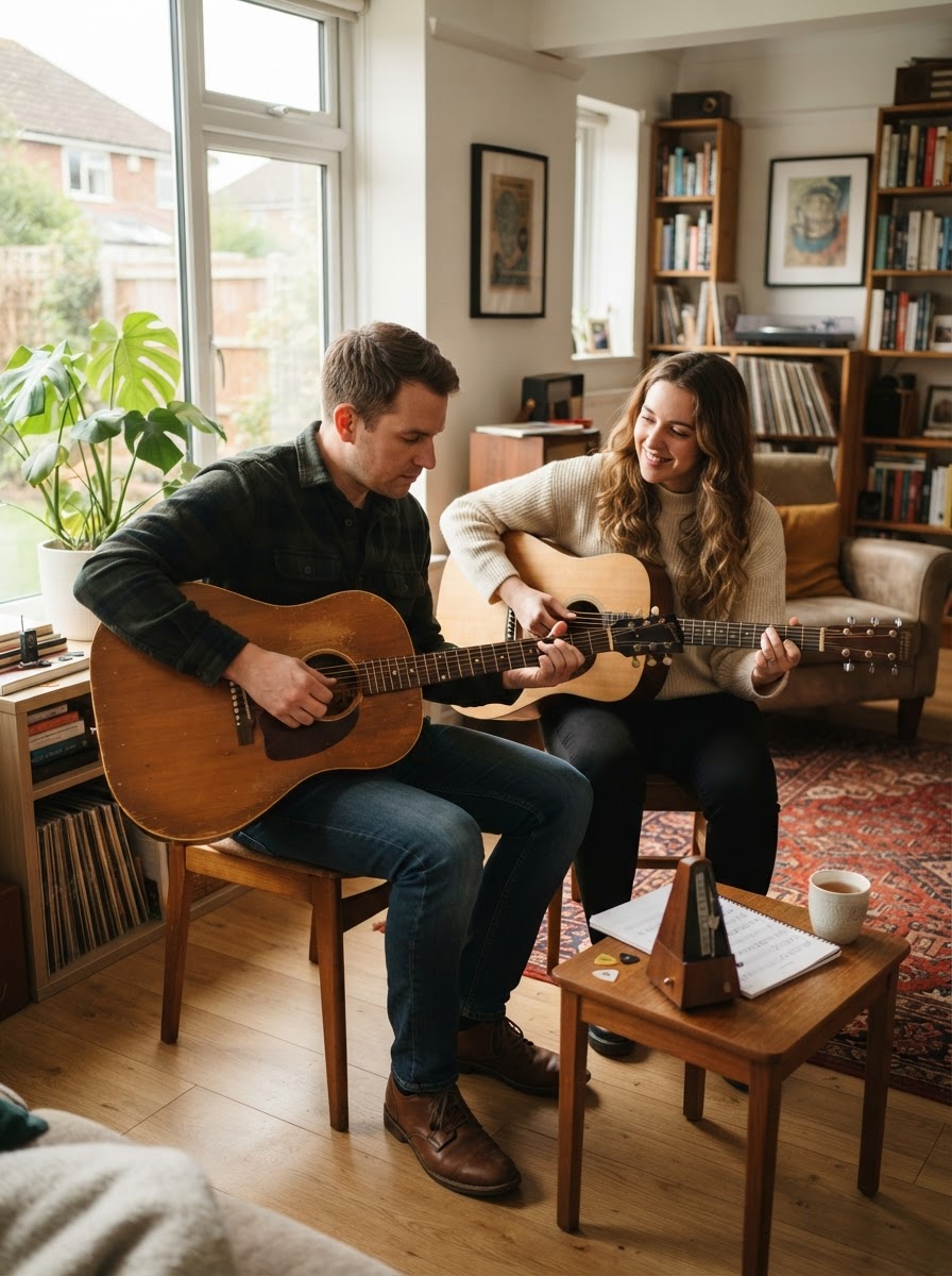 Adult learning guitar at home