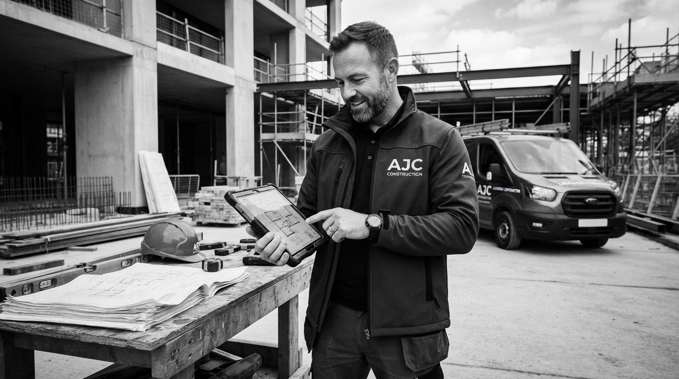 A service business owner reviewing plans on a job site