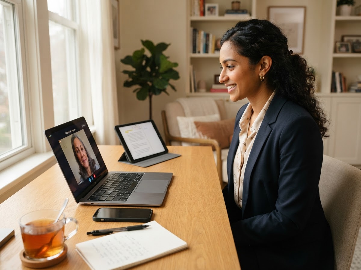 A biracial female medical provider in professional clothes doing a virtual telehealth visit from home, looking at her laptop