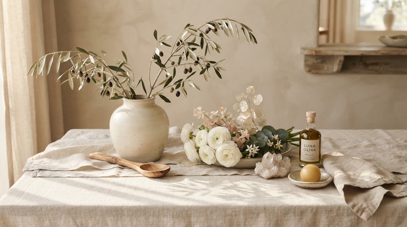 An abstract luxury still life with cream linen textures, soft golden sunlight, gentle shadows, delicate flowers, and an olive tree branch