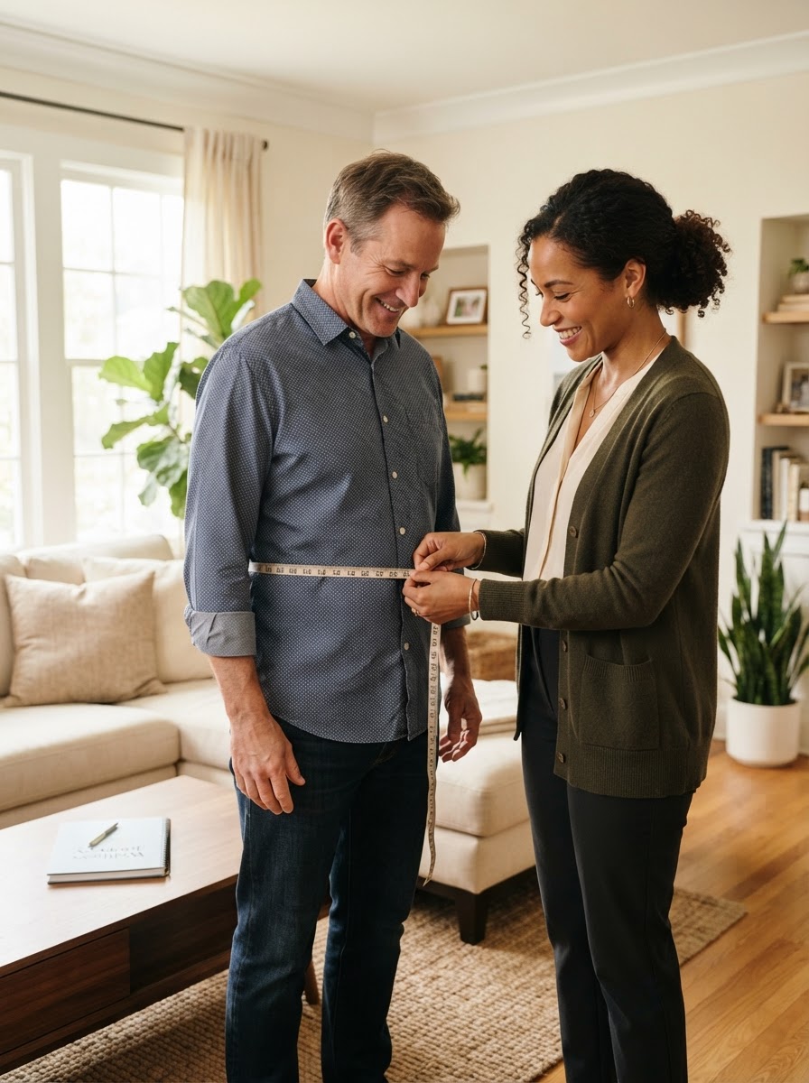 A biracial medical provider measuring a middle-aged man's waist with a measuring tape in a comfortable home setting, not in an office