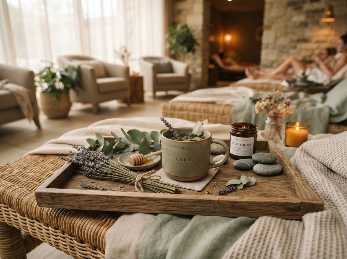 Botanical tea and wellness elements on a tray