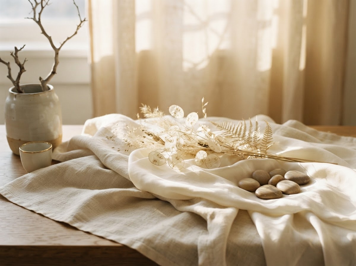 An abstract luxury still life with layered cream linen, soft golden sunlight, gentle soft shadows, and subtle natural details