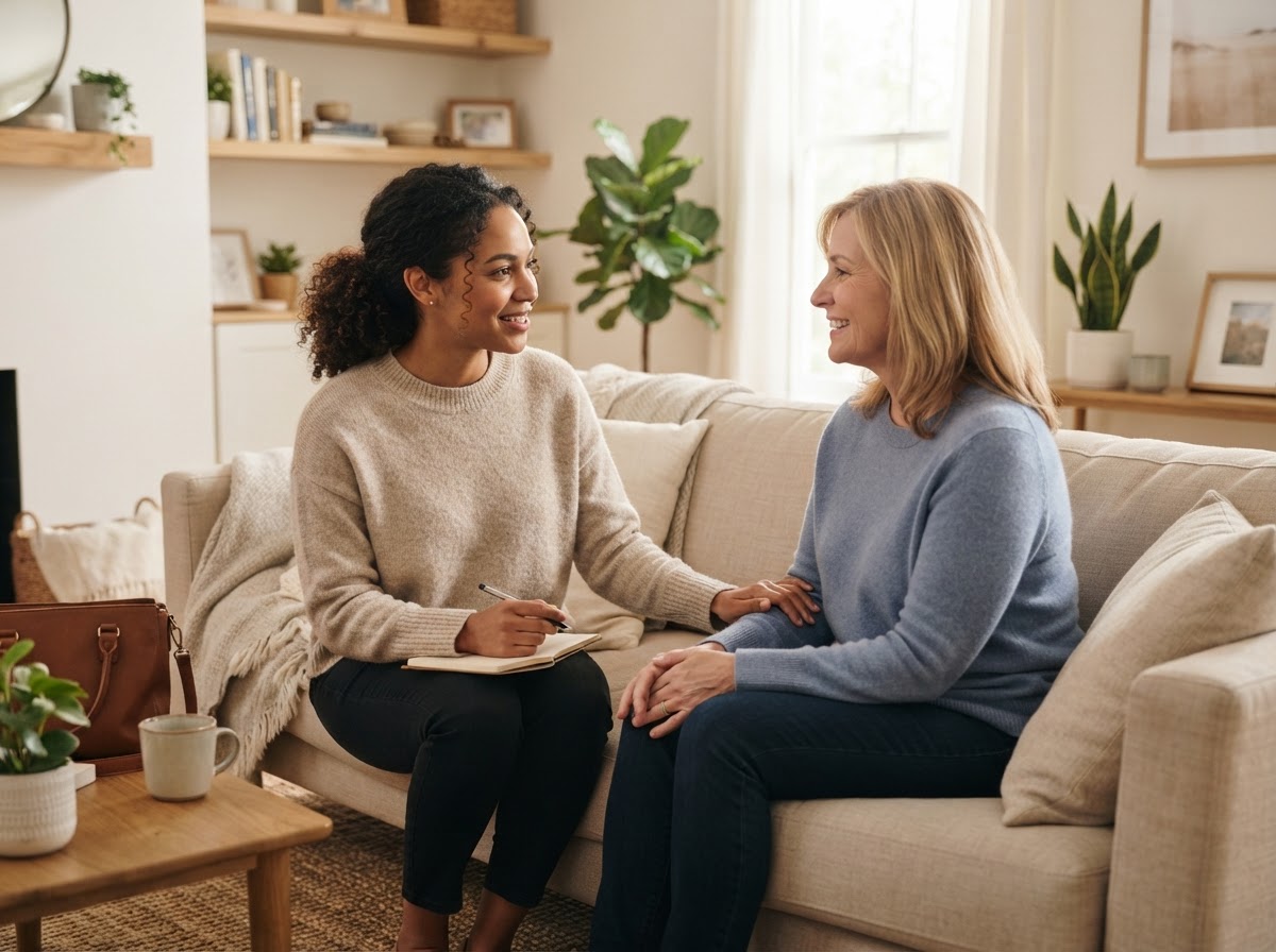 A biracial medical provider helping a middle-aged woman in a comfortable home setting, not in an office