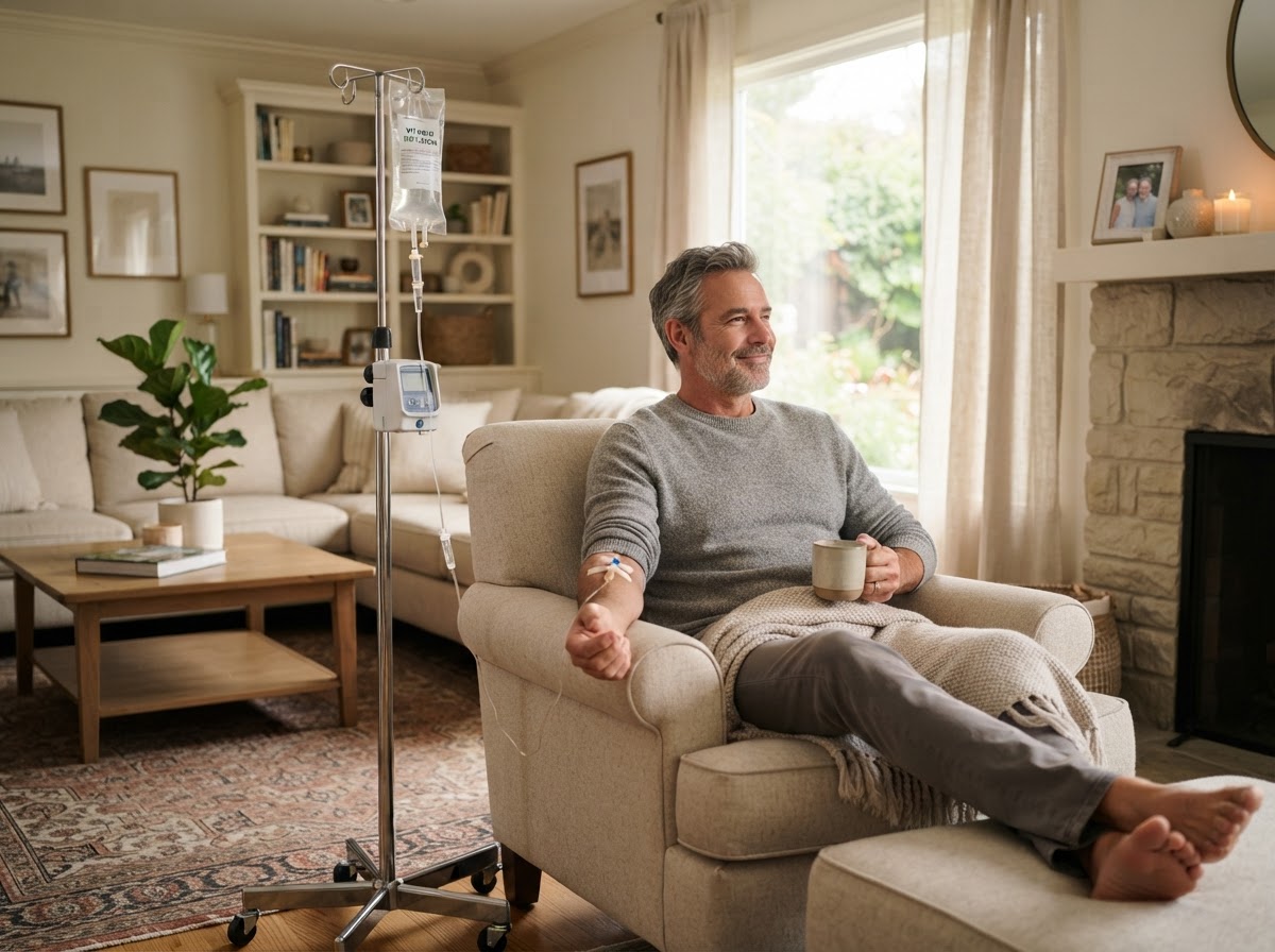 A man receiving an IV infusion in a comfortable home setting, not in an office