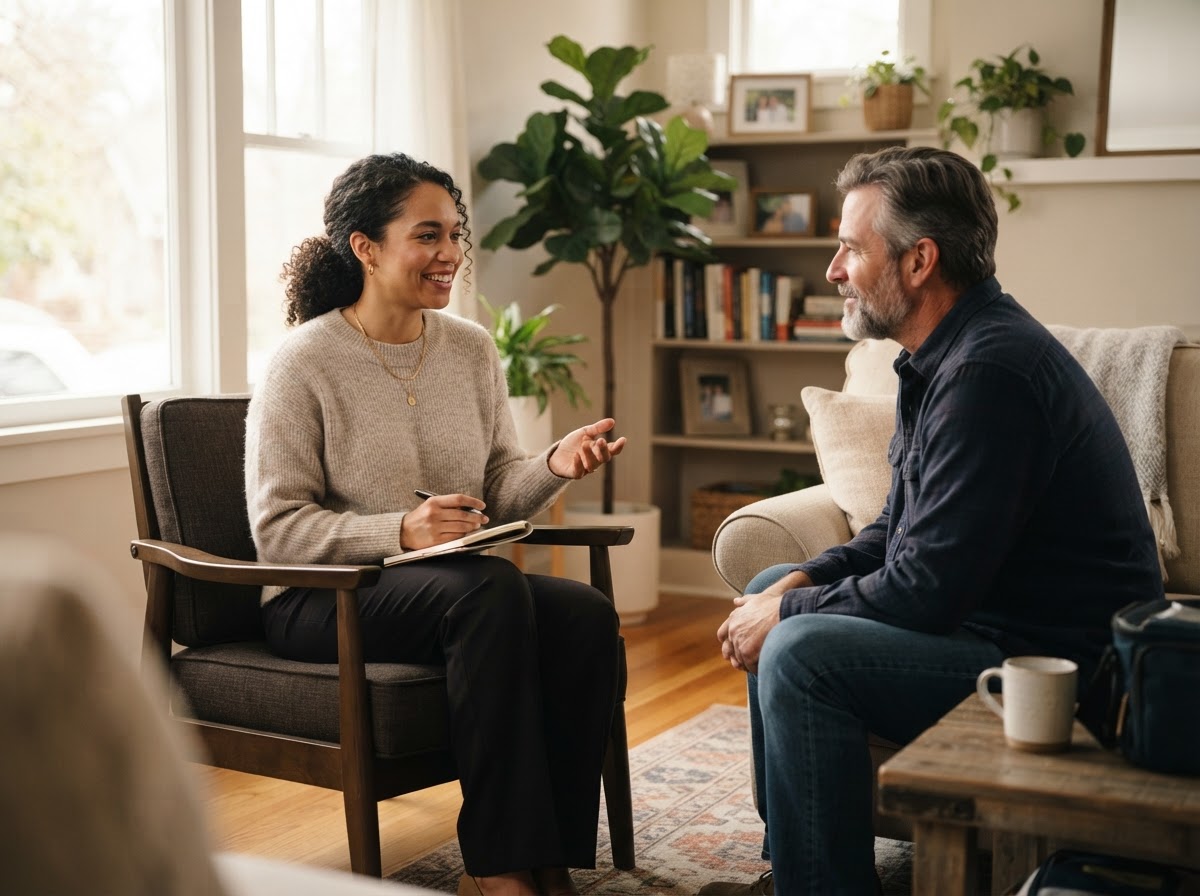 A biracial medical provider helping a middle-aged man in a comfortable home setting, not in an office