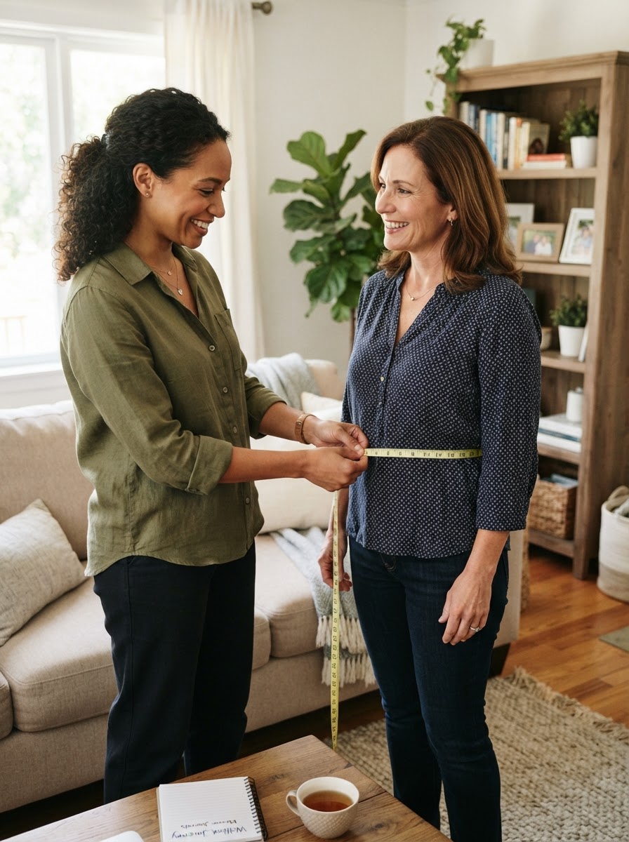 A biracial medical provider measuring a middle-aged woman's waist with a measuring tape in a comfortable home setting, not in an office