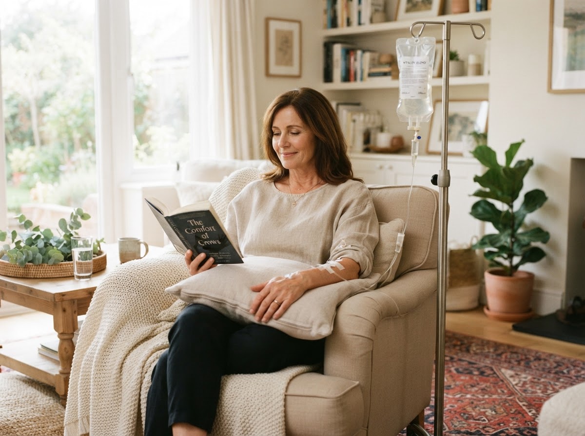 A woman receiving an IV infusion in a comfortable home setting, not in an office