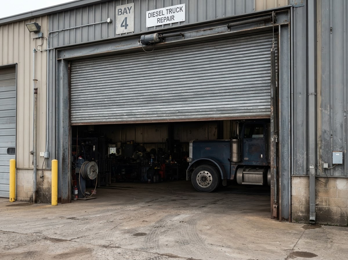 Large drive-in roll-up door on a shop bay, big enough for a full-size semi