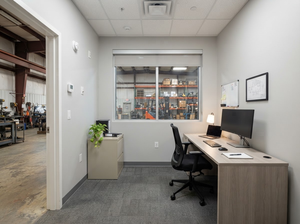 Private 10 x 12 heated office inside a shop bay