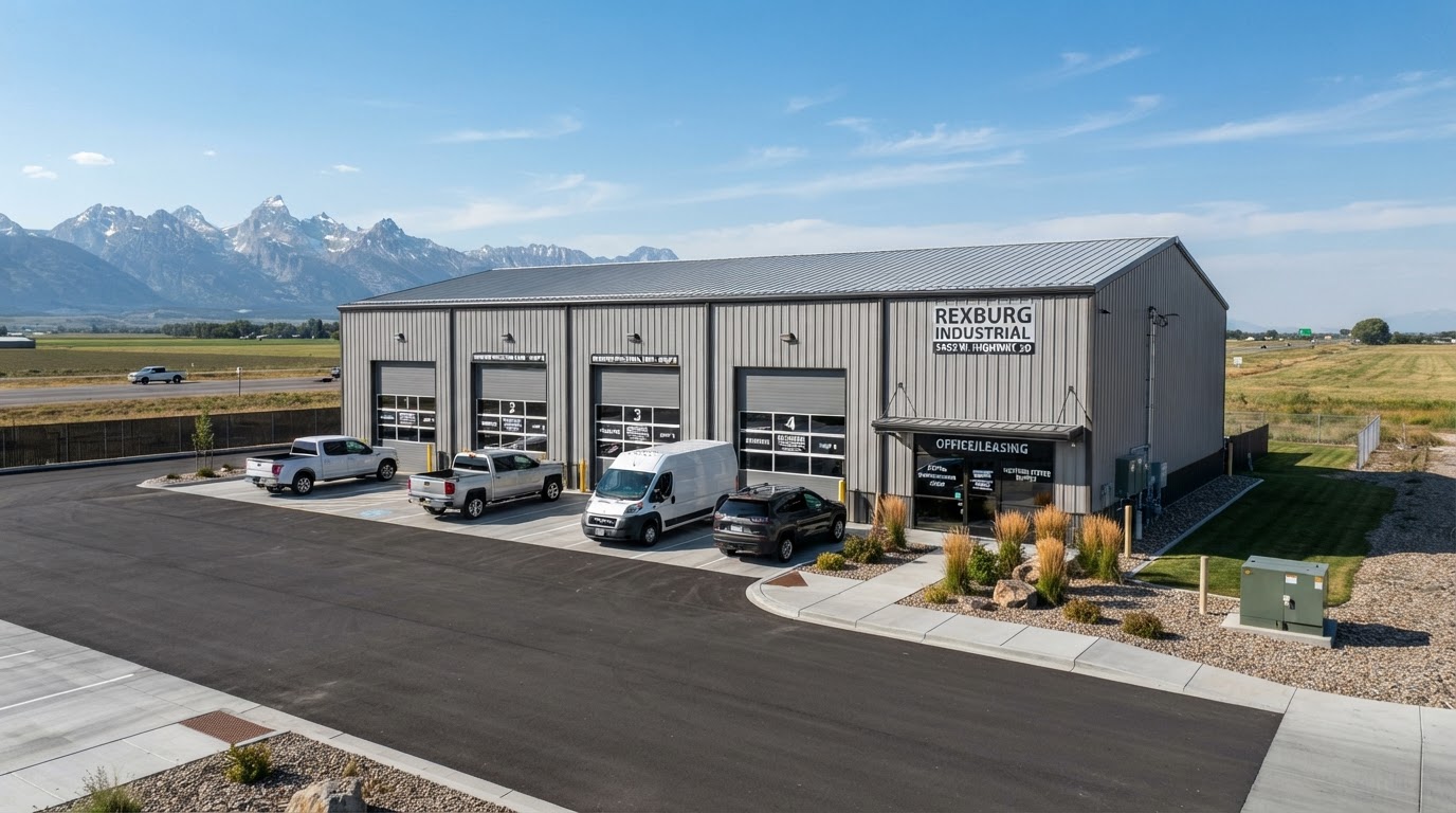 Rexburg Shop Space exterior — commercial shop and warehouse building with four roll-up bay doors at 4992 Eastside Dr, Rexburg, ID 83440