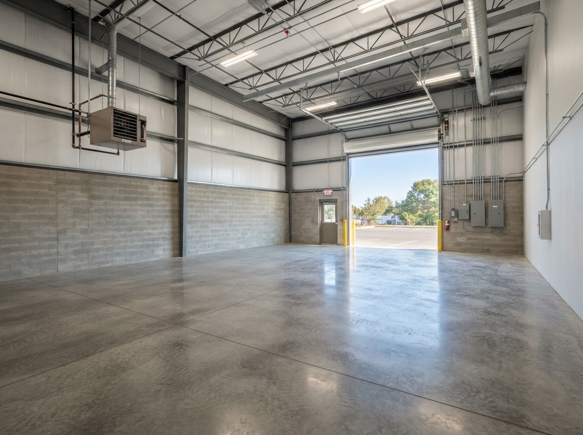 Interior of a 2,100 sq ft shop bay with sealed concrete floor and tall ceiling