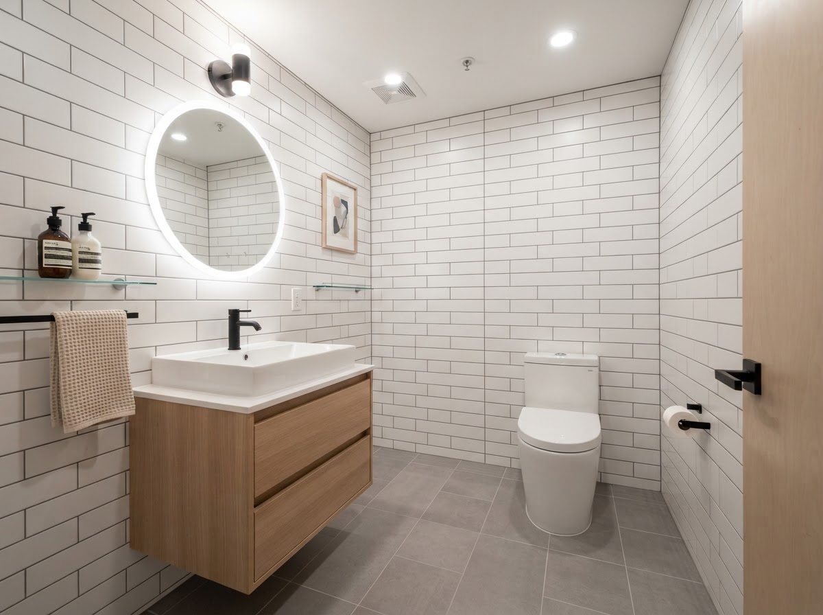 Clean private bathroom inside a shop bay