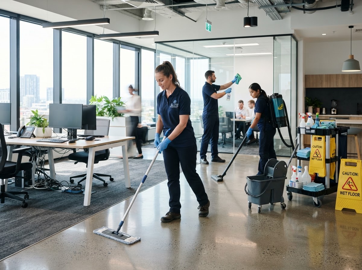 Commercial cleaning team cleaning a modern office
