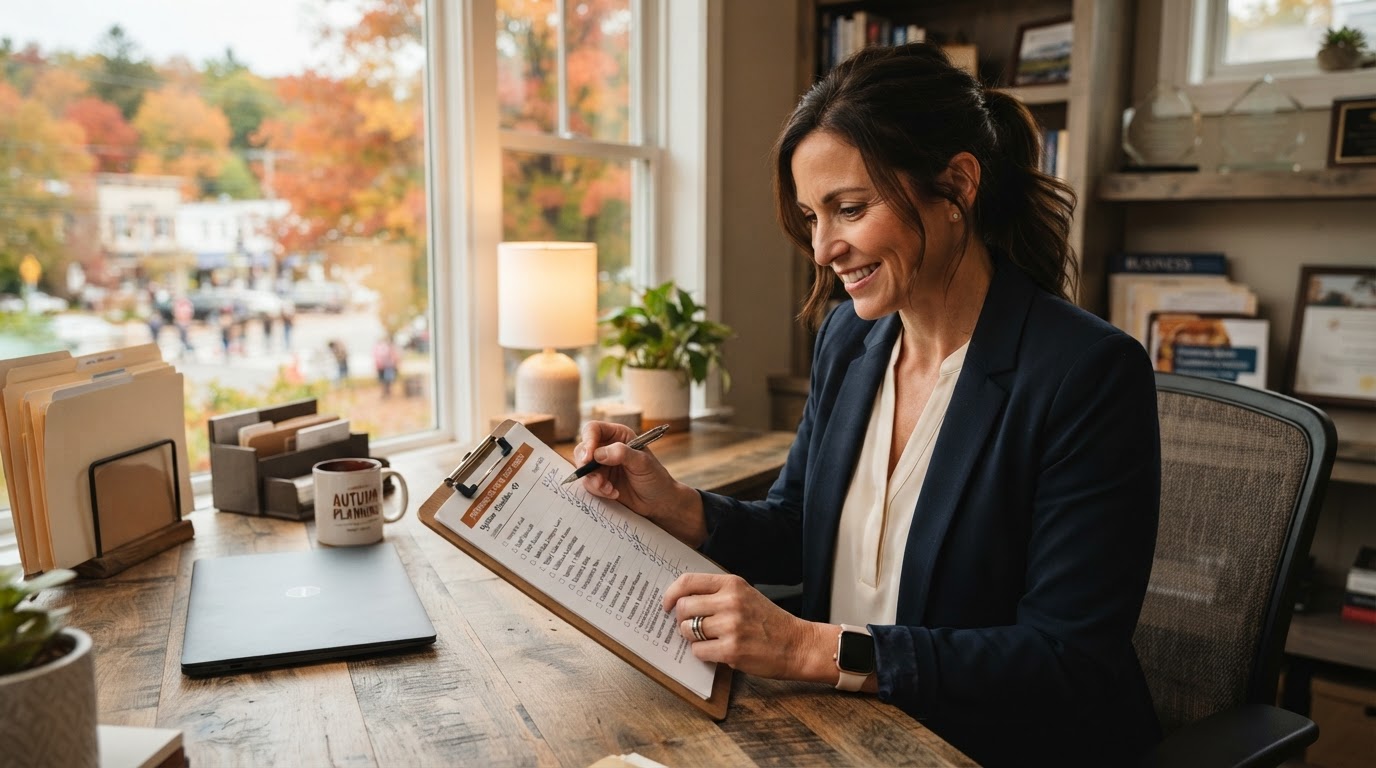 A business owner reviewing a printed systems checklist before the busy season, autumn setting