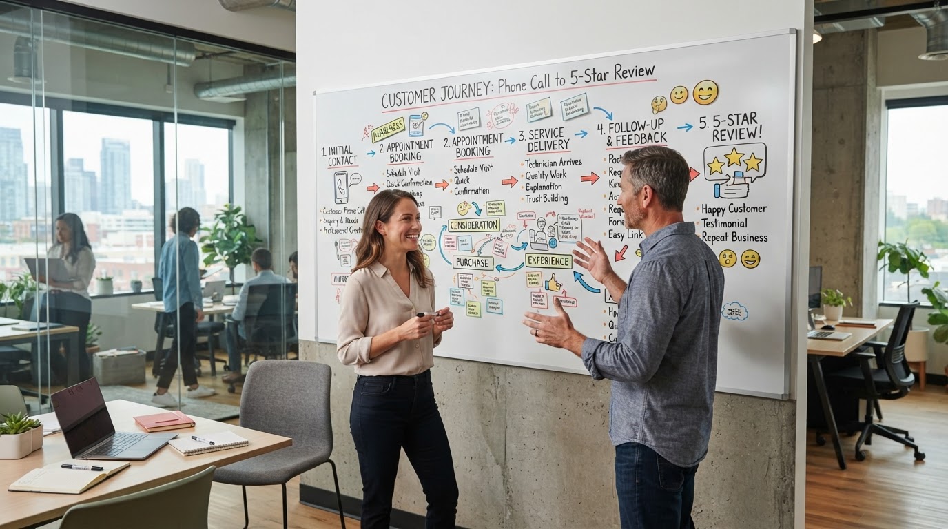 A visual customer journey map drawn on a whiteboard going from a phone call to a five-star review