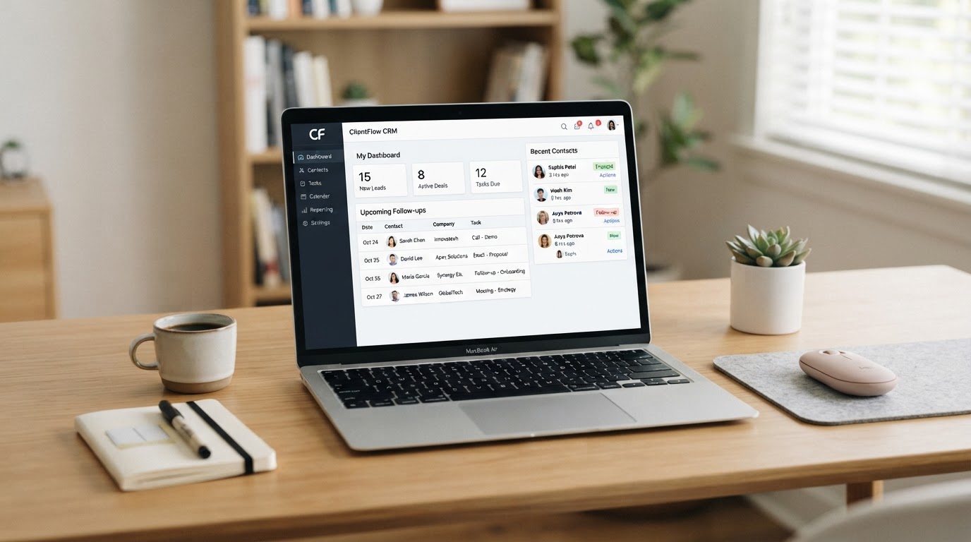A clean simple CRM dashboard on a laptop screen showing neatly organised customer contacts and follow-up tasks
