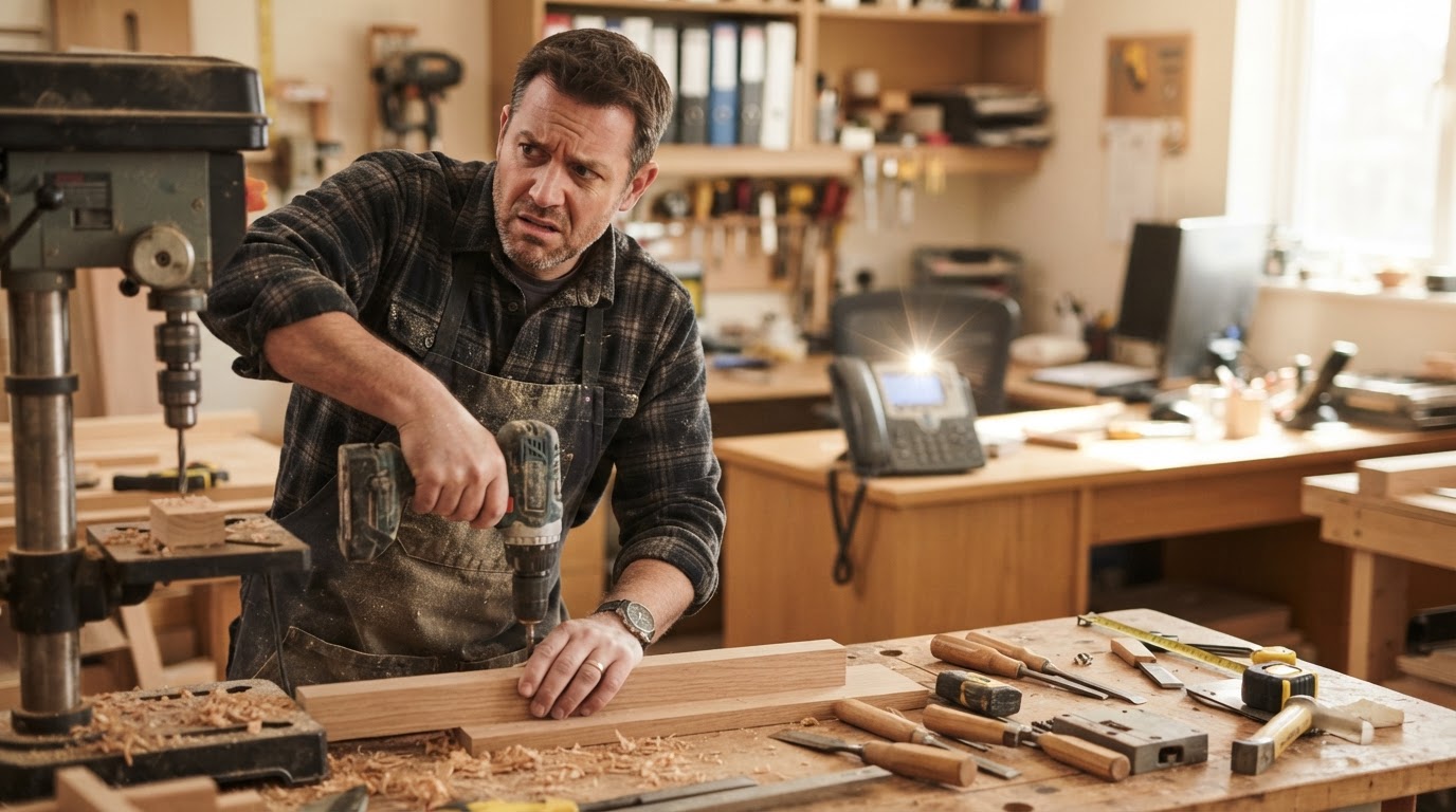 A small business owner working with tools while an office phone rings unanswered in the background